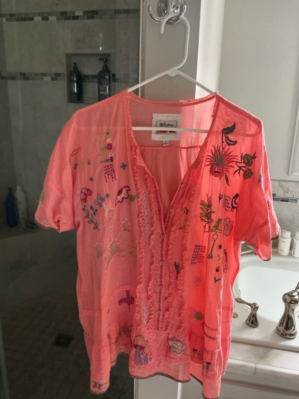 Johnny Was Coral Embroidered Boho Blouse